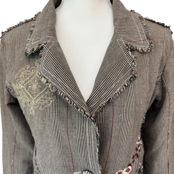 LE LIS BLANC Blazer Womens Large Glen Plaid with Embroidery Maximalism Raw Edge - Picture 7 of 14